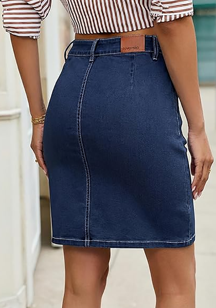 LookbookStore Women's Darkness Blue High Waisted A-Line Denim Skirt Trendy Stretchy Short Skirt with Contrast Stitching and Patch Pockets