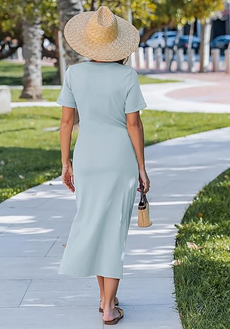 LookbookStore Women's Denim Blue Summer Casual Long Tshirt Dress Short Sleeve Self Tie Side Split Beach Vacation Dress 2026