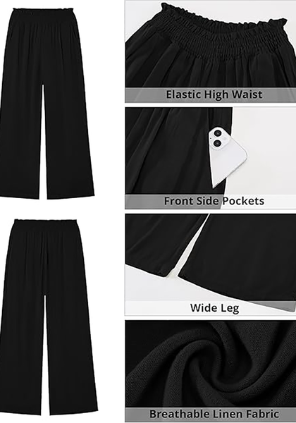 LookbookStore Women's Black High Waisted Wide Leg Linen Pants Paper Bag Smocked Waist Casual Summer Beach Palazzo Pants