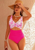 LookbookStore Women's Magenta Pink Floral V Neck Block One Piece Swimsuit with Cut Out & Ruched High Waist