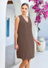 LookbookStore Women's Coffee Brown  Knee Length Linen Dress – Sleeveless V Neck Button Down, Self Tie Waist & Side Pockets
