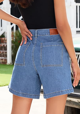 LookbookStore Women's Medium Blue High Waisted Wide Leg Cinch Waist Stretchy Denim Shorts Casual Summer Mid Thigh Jorts