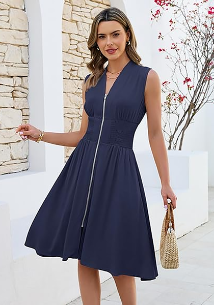 LookbookStore Women's Navy Blue Summer Beach Vacation Linen Dress Casual Flowy V Neck Sleeveless Smocked Zip Midi Dress with Pockets