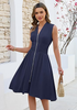 LookbookStore Women's Navy Blue Summer Beach Vacation Linen Dress Casual Flowy V Neck Sleeveless Smocked Zip Midi Dress with Pockets