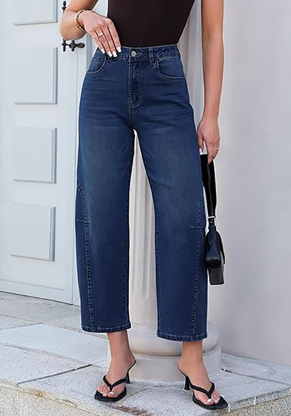 LookbookStore Women's Darkness Blue High Waisted Baggy Barrel Jeans Cropped Wide Leg Casual Stretchy Denim Pants with Side Seam