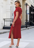 LookbookStore Women Wine Red Summer Casual Long Dress, Twist Front Side Slit Short Sleeve Comfy T-Shirt Dress 2026 Beach Vacation