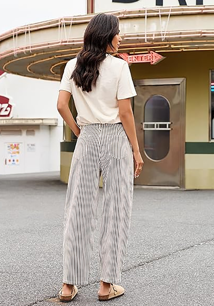 LookbookStore Women's Brown Trendy Barrel Jeans Baggy Wide Leg Pinstripe High Waisted Cropped Stretchy Denim Pants