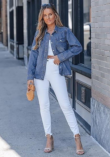 LookbookStore Women's Indigo Classic Blue Long Sleeve Button Down Denim Shirt Relaxed Fit Chambray Western Style Casual Collared Jean Top