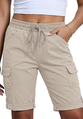 LookbookStore Women's Summer Sand Relaxed Fit Bermuda Shorts with Drawstring Waist and Utility Cargo Pockets