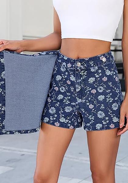 LookbookStore Women's Darkness Blue Floral Denim Skorts Trendy Floral Print Faux Wrap High Waisted Stretchy Elastic Waist Jean Skort