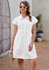 LookbookStore Cream White Women's Short Sleeve Babydoll Denim Dress – Pleated Raw Hem Distressed Western Style with Pockets