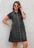 LookbookStore Washed Black Women's Short Sleeve Babydoll Denim Dress – Pleated Raw Hem Distressed Western Style with Pockets