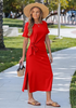 LookbookStore Women's Red Summer Casual Long Tshirt Dress Short Sleeve Self Tie Side Split Beach Vacation Dress 2026