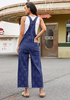 LookbookStore Women's Floral Darkness Blue Embroidered Denim Overalls, Loose Fit Wide Leg Capri Bib Overall, Stretchy Raw Hem Summer Jean Jumpsuit