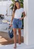 LookbookStore Women's Medium Blue High Waist Stretchy Denim Shorts, 5 Inch Inseam Trendy Summer Casual Jean Jorts with Pockets