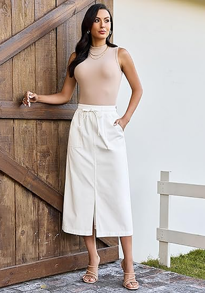 LookbookStore Women Cream White High Waist Jean Midi Skirt Elastic Drawstring Denim Long Skirt with Pockets Front Split Design