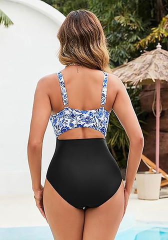 LookbookStore Women's Black Blue Floral V Neck Block One Piece Swimsuit with Cut Out & Ruched High Waist