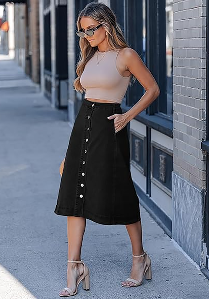 LookbookStore Women's True Black Trendy Midi A-Line Denim Skirt – Stretchy Western Casual Button Down Style with Convenient Pockets