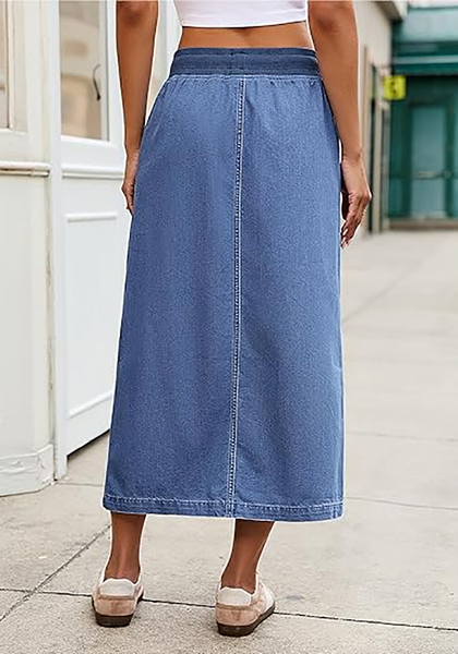 LookbookStore Women Medium Blue High Waist Jean Midi Skirt Elastic Drawstring Denim Long Skirt with Pockets Front Split Design
