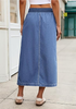 LookbookStore Women Medium Blue High Waist Jean Midi Skirt Elastic Drawstring Denim Long Skirt with Pockets Front Split Design