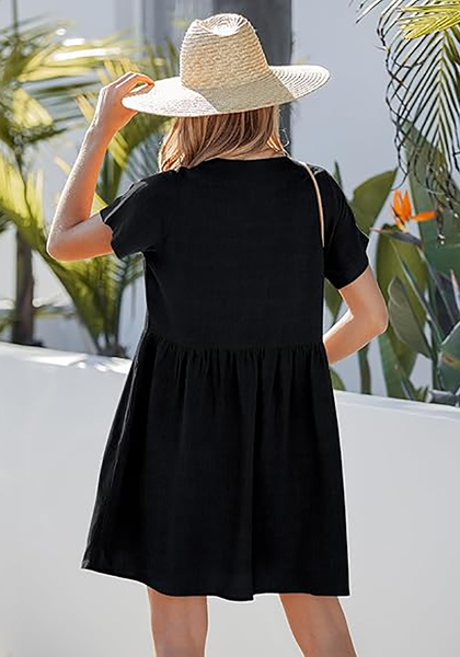 LookbookStore Women's Black Summer Casual Linen Babydoll Dress V Neck Short Sleeve Button Down Above Knee with Pockets