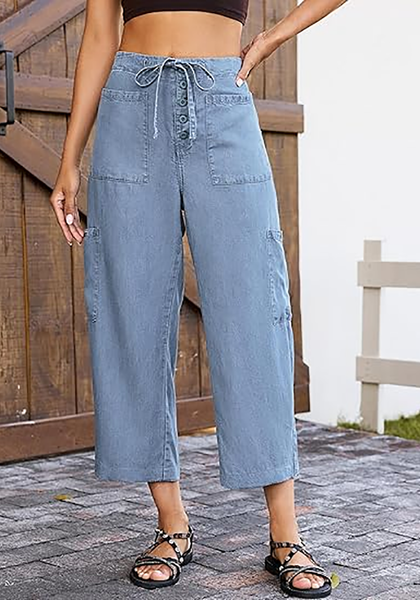 LookbookStore Women's Airy Blue Trendy Barrel Jeans, High Rise Wide Leg Baggy Denim Pants with Elastic Drawstring Waist & Button Fly