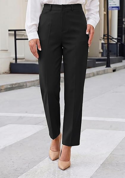 LookbookStore Women Black Ankle Straight Leg Dress Pants, Elastic Waist Business Casual Office Work Trousers with Pockets