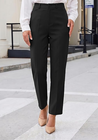 LookbookStore Women Black Ankle Straight Leg Dress Pants, Elastic Waist Business Casual Office Work Trousers with Pockets