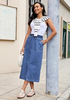 LookbookStore Women Medium Blue High Waist Jean Midi Skirt Elastic Drawstring Denim Long Skirt with Pockets Front Split Design