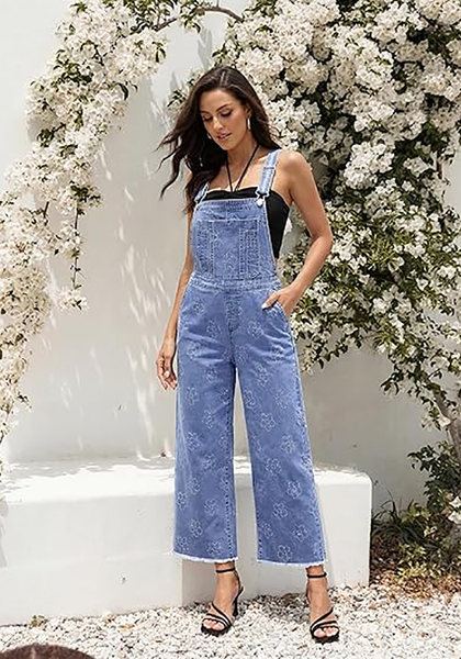 LookbookStore Women's Floral Medium Blue Embroidered Denim Overalls, Loose Fit Wide Leg Capri Bib Overall, Stretchy Raw Hem Summer Jean Jumpsuit