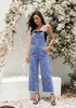 LookbookStore Women's Floral Medium Blue Embroidered Denim Overalls, Loose Fit Wide Leg Capri Bib Overall, Stretchy Raw Hem Summer Jean Jumpsuit