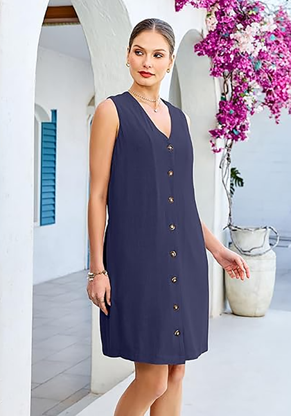 LookbookStore Women's Navy Blue Knee Length Linen Dress – Sleeveless V Neck Button Down, Self Tie Waist & Side Pockets