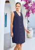 LookbookStore Women's Navy Blue Knee Length Linen Dress – Sleeveless V Neck Button Down, Self Tie Waist & Side Pockets