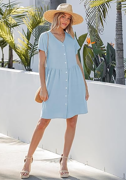 LookbookStore Women's Sky Blue Summer Casual Linen Babydoll Dress V Neck Short Sleeve Button Down Above Knee with Pockets