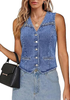 LookbookStore Women Wategos Blue Casual Sleeveless Denim Vest Button Down Braided Adjustable Waist Western Jean Waistcoat