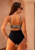 LookbookStore Women's Black Leopard Print V Neck Block One Piece Swimsuit with Cut Out & Ruched High Waist