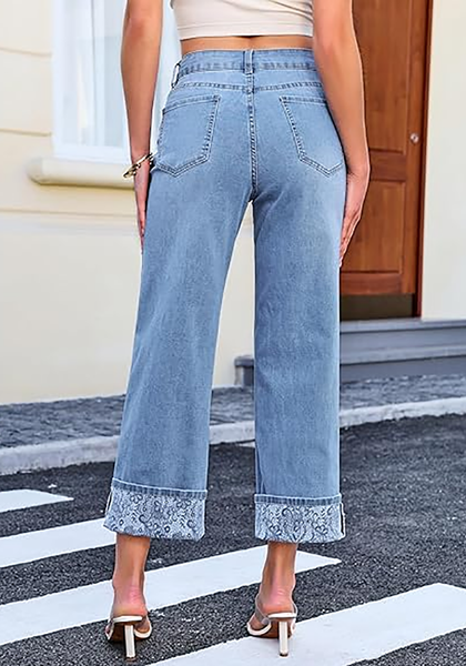 LookbookStore Women's Floral Helium Blue High Waisted Cropped Wide Leg Jeans Trendy Printed Fold Hem Loose Straight Stretchy Denim Pants