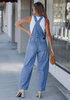LookbookStore Women's Medium Blue Denim Overalls Baggy Barrel Leg Stretchy Bib Jumpsuit Adjustable Straps Casual Fit