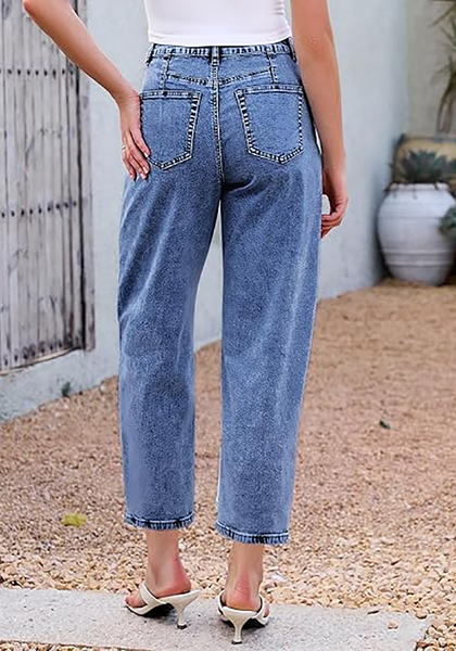 LookbookStore Midnight Blue Barrel Jeans for Women Chic Retro High Waist Loose Cropped Denim Pants with Utility Patch Pockets