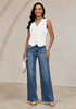 LookbookStore Women Cream White  Casual Sleeveless Denim Vest Button Down Braided Adjustable Waist Western Jean Waistcoat