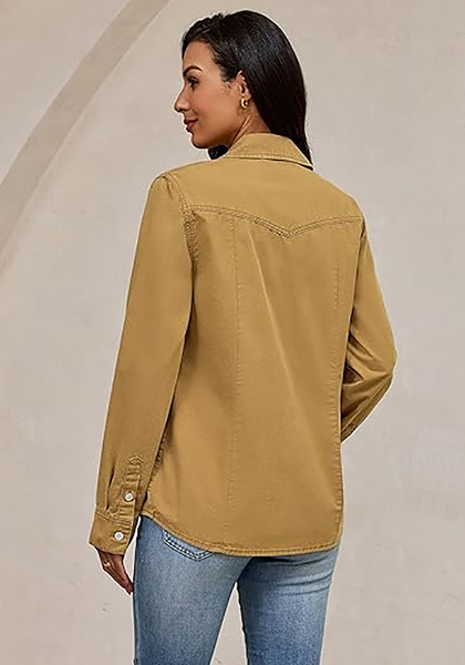 LookbookStore Women's Almond Brown Long Sleeve Button Down Denim Shirt Relaxed Fit Chambray Western Style Casual Collared Jean Top