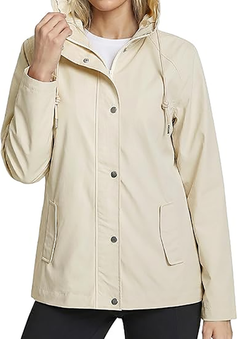 LookbookStore Women's Beige Waterproof Lightweight Rain Jacket, Adjustable Hood Windbreaker Rain Coat for Hiking & Travel