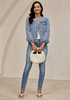 LookbookStore Women Roadknight Blue Denim Jacket Crew Neck Button Front Utility Pockets Relaxed Fit Casual Daily Wear Staple
