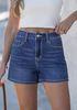 LookbookStore Women Classic Blue High Waist Eyelet Embroidered Wide Leg Denim Shorts Stretchy Summer Mid Thigh Jean Shorts