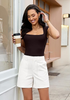 LookbookStore Women Cream White High Waisted Summer Shorts Casual Dressy Cotton Chino Elastic Waist 5