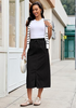LookbookStore Women True Black High Waist Jean Midi Skirt Elastic Drawstring Denim Long Skirt with Pockets Front Split Design