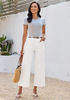 LookbookStore Cream White Women's High Waisted Wide Leg Cropped Denim Jeans with Structured Utility Pockets Stylish Chic Daily Wear Staple