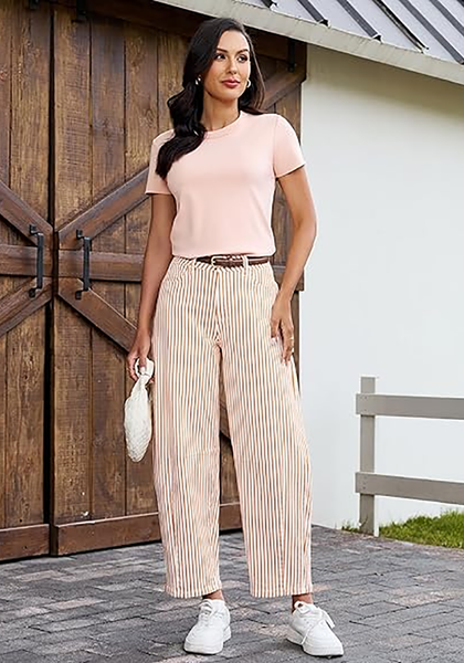 LookbookStore Women's Orange Trendy Barrel Jeans Baggy Wide Leg Pinstripe High Waisted Cropped Stretchy Denim Pants