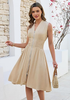 LookbookStore Women's Flax Summer Beach Vacation Linen Dress Casual Flowy V Neck Sleeveless Smocked Zip Midi Dress with Pockets