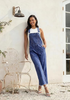 LookbookStore Women's Heart Classic Blue Embroidered Denim Overalls, Loose Fit Wide Leg Capri Bib Overall, Stretchy Raw Hem Summer Jean Jumpsuit